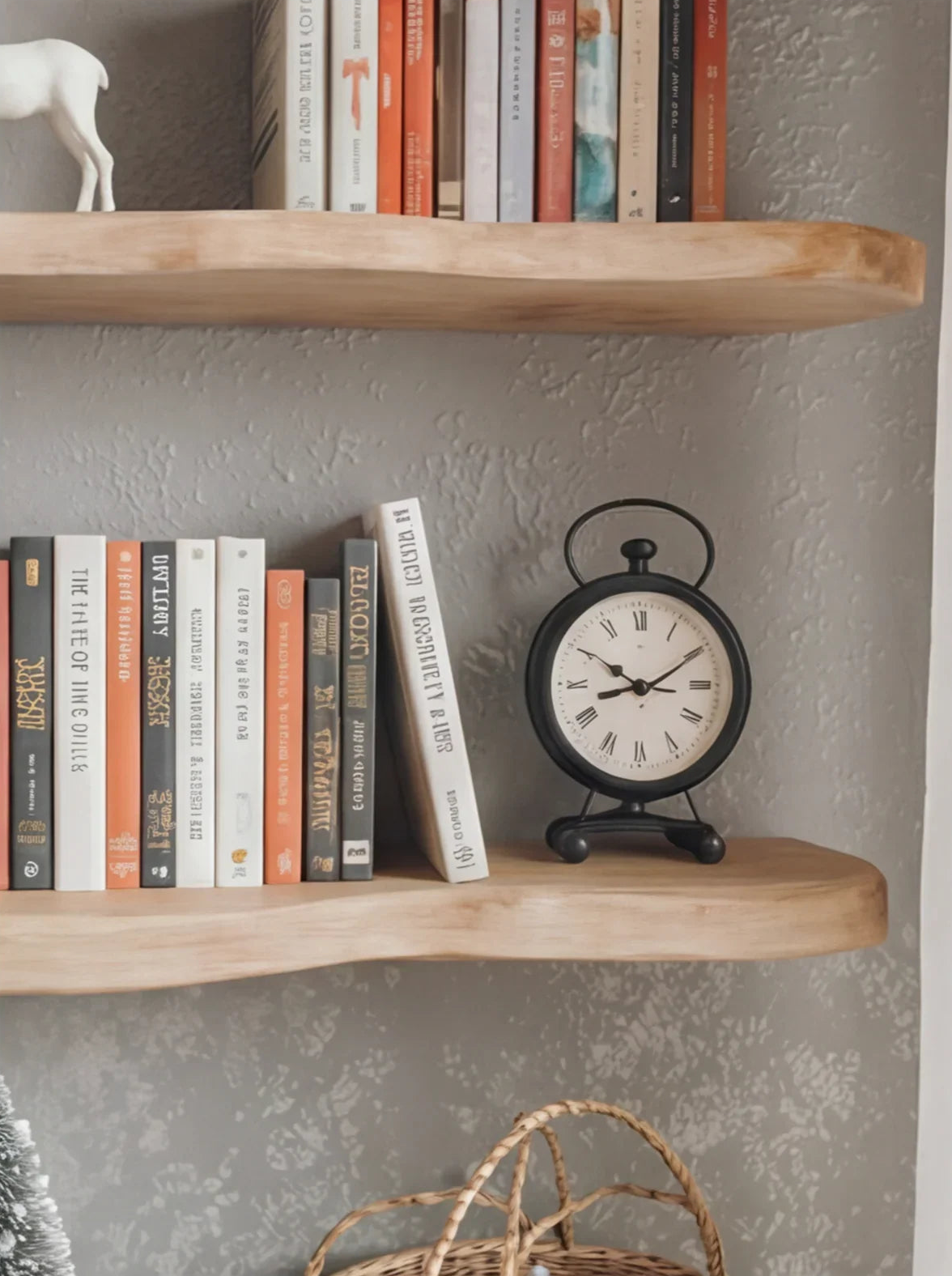 Schwebende Baumkanten-Holzregale mit Büchern und einer schwarzen Vintage-Uhr an strukturierter Wand