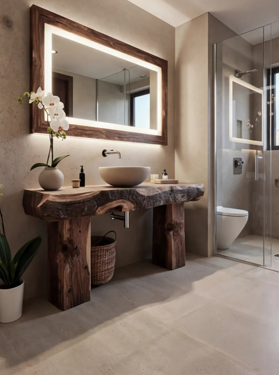 Modernes Badezimmer mit Baumkanten-Waschtisch aus Massivholz, Aufsatzbecken, großem Spiegel und natürlichem Dekor.