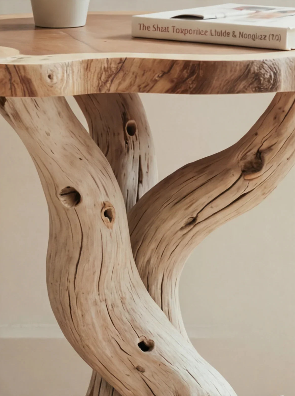 Baumkanten-Tisch aus Massivholz mit gedrehten Baumstammbeinen, Buch und Pflanze obenauf