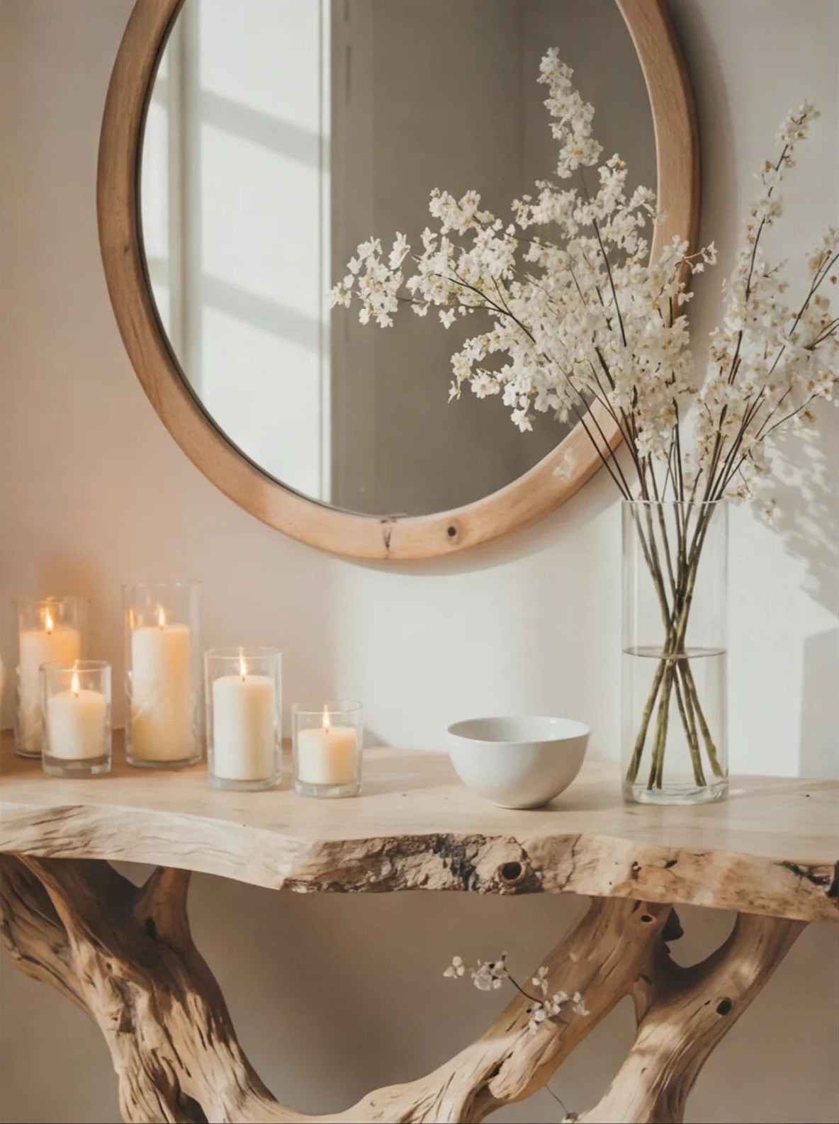 Baumkanten-Konsolentisch aus Holz mit Glaskerzen, rundem Spiegel und Vase mit weißen Blumen