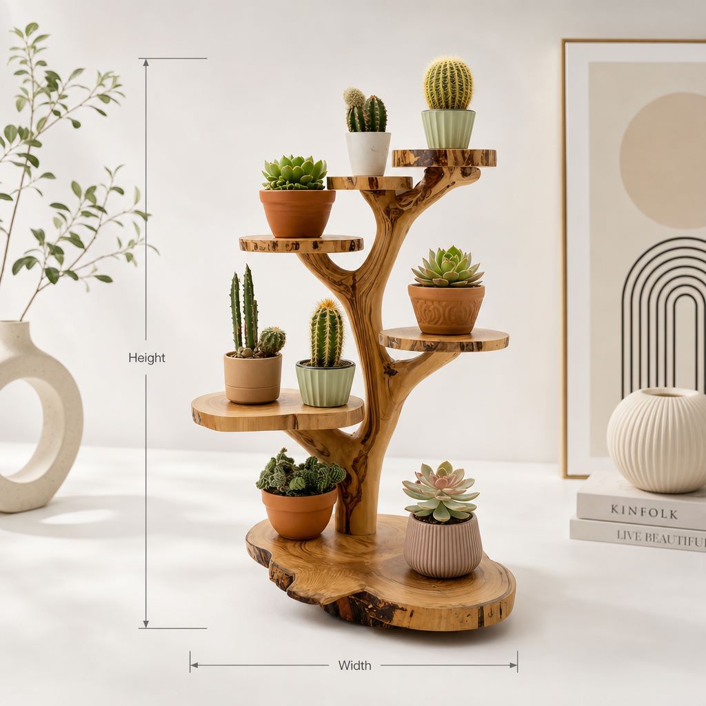 Handgemachter Baum-Pflanzenständer aus Holz – Das perfekte Zuhause für Mini-Kakteen und Sukkulenten