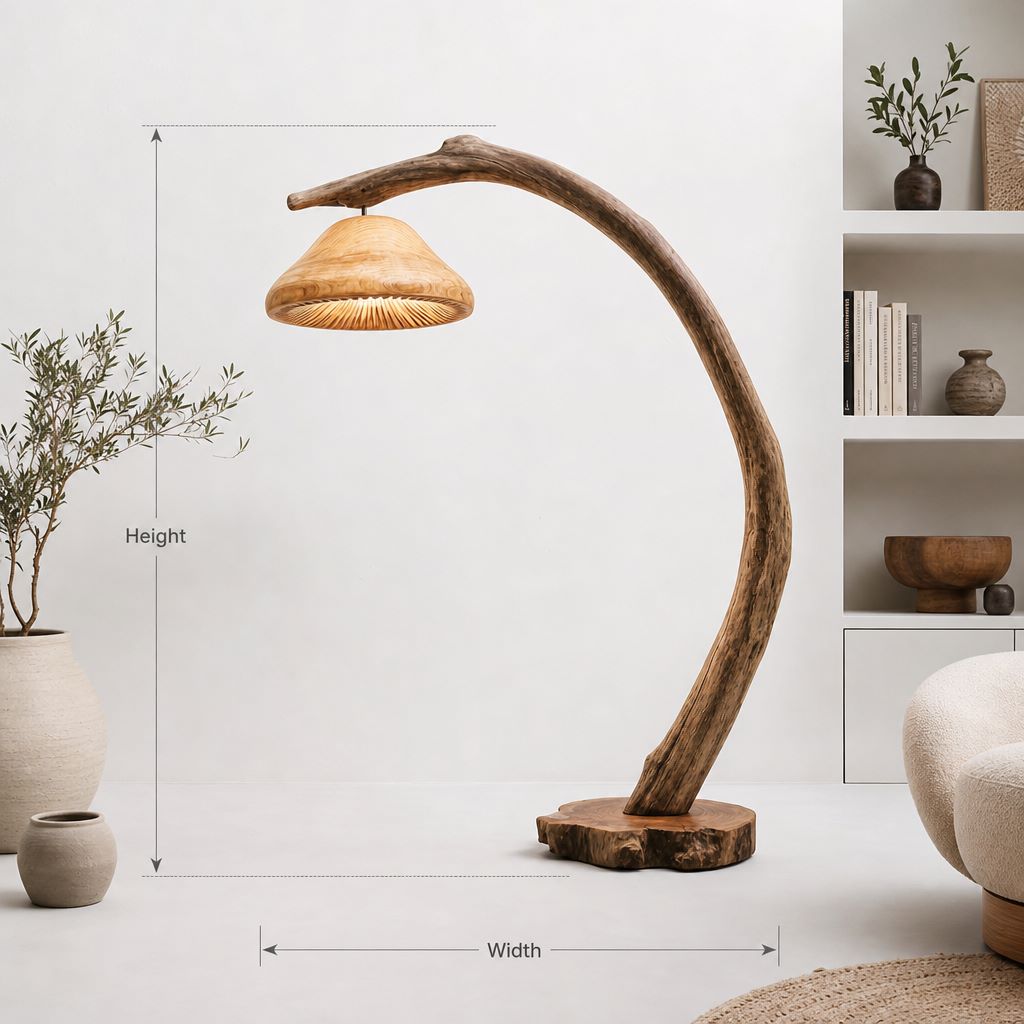 Halbmond-Bogen-Treibholz-Pilz-Stehlampe mit Lamellenleuchten