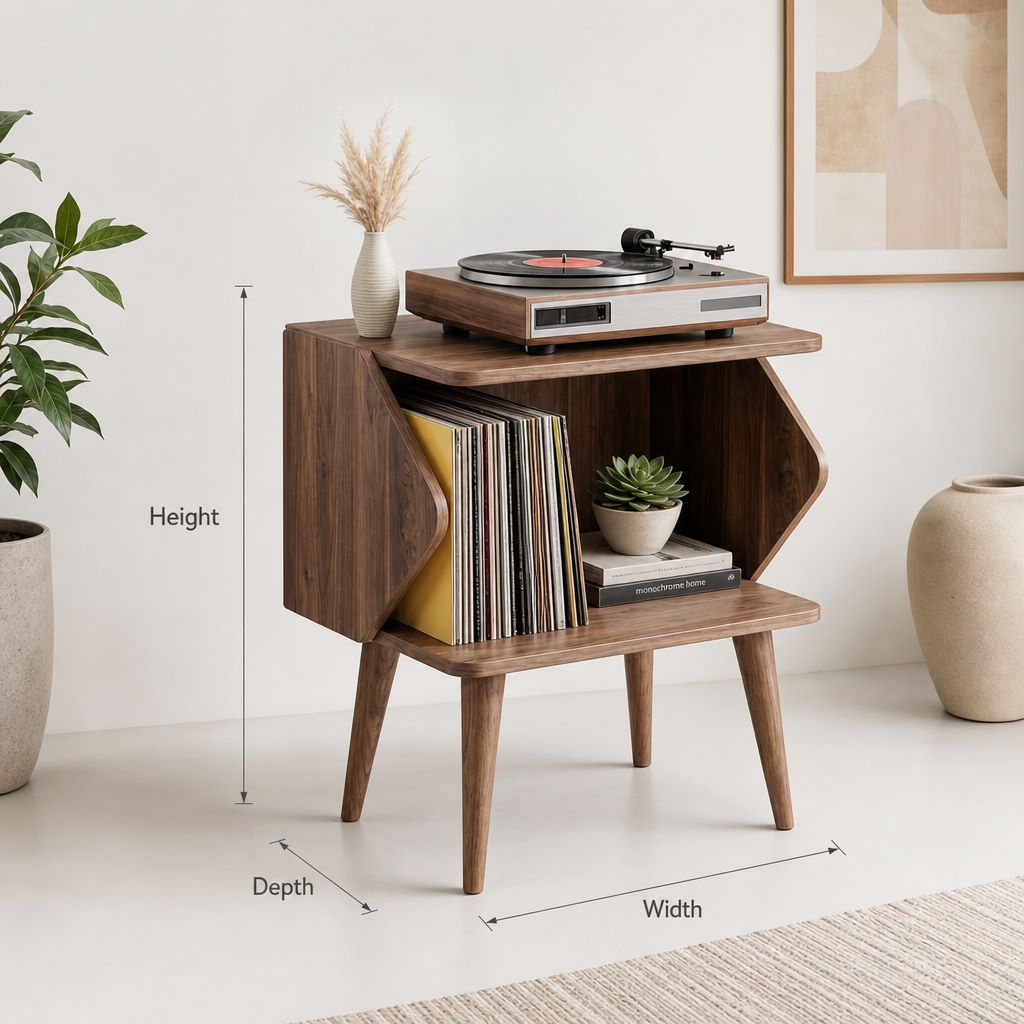 Mid-Century-Modern-Plattenspielerständer aus Holz mit Vinyl-Stauraum