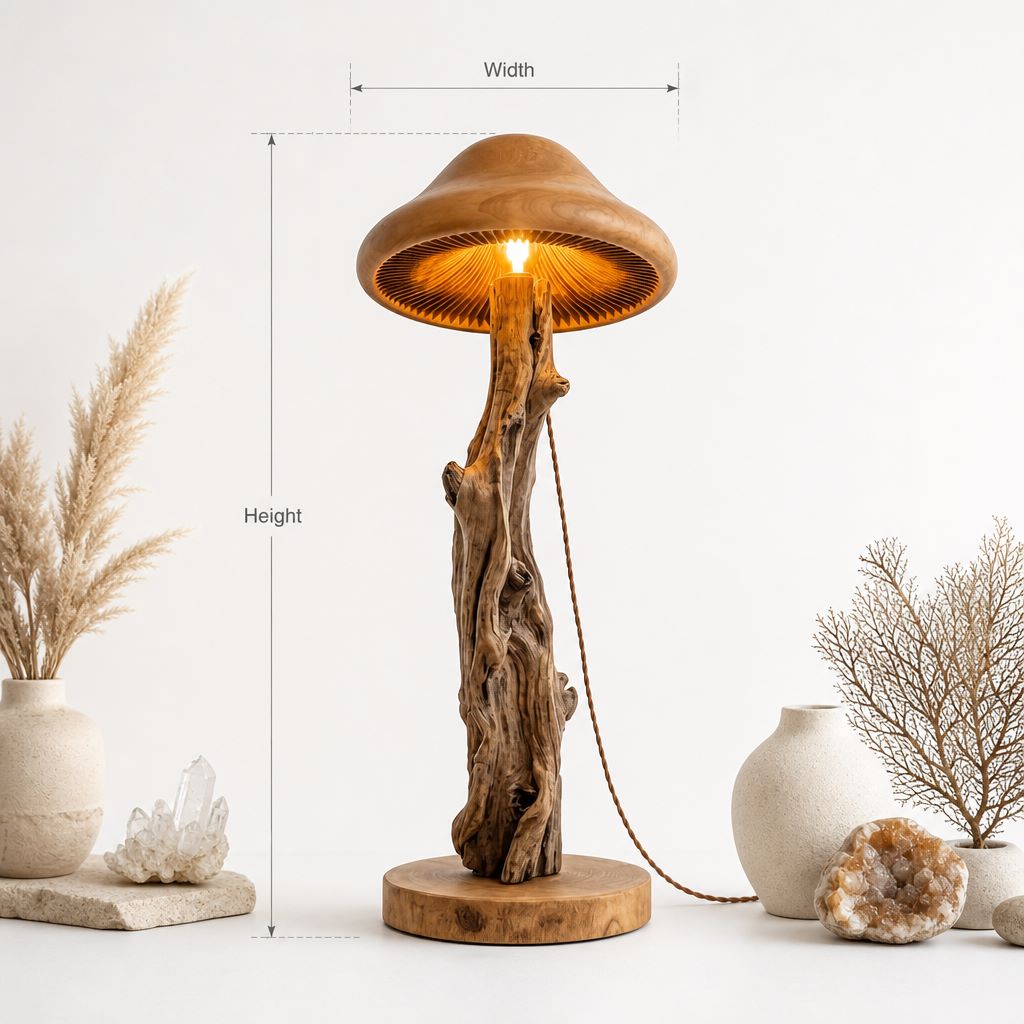 Pilz-Stehlampe mit Rindenstamm und leuchtendem Lamellenhut