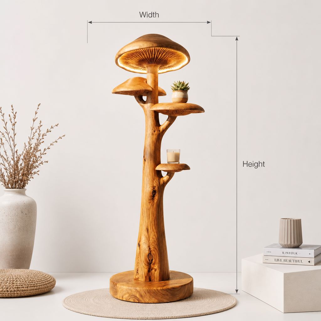 Pilz-Baum-Stehlampe mit Lamellenleuchten und integrierten Regalen