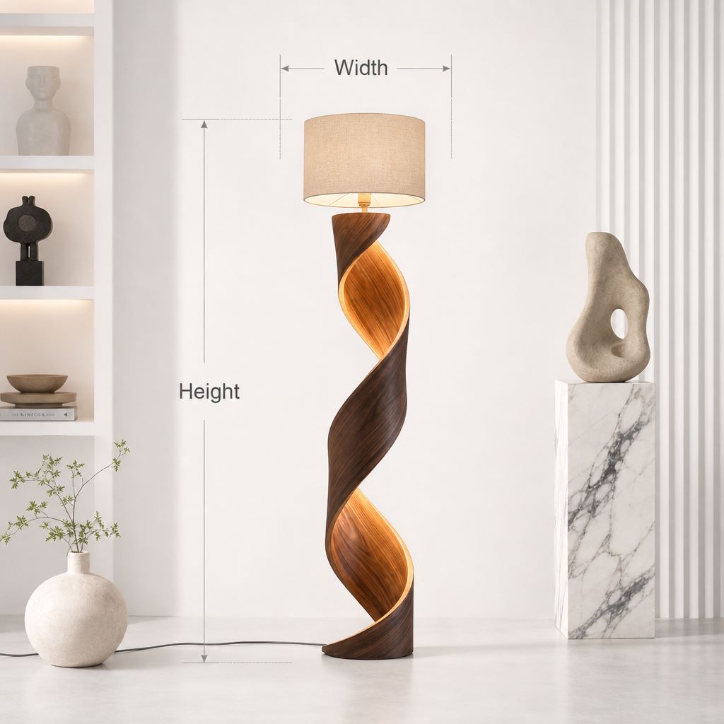 Unendlichkeitsschleifen-Stehlampe aus Holz – Treibholz-Spiral-Standleuchte mit Stoffschirm