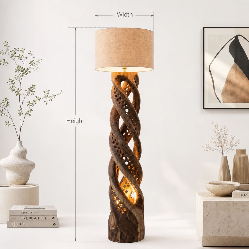Gedrehte Treibholz-Stehlampe aus Holz – Handgefertigte Standleuchte aus Holz mit Stoffschirm