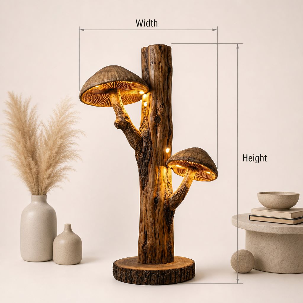 Doppelte Pilz-Stehlampe mit Rindenstamm und Lamellenleuchten