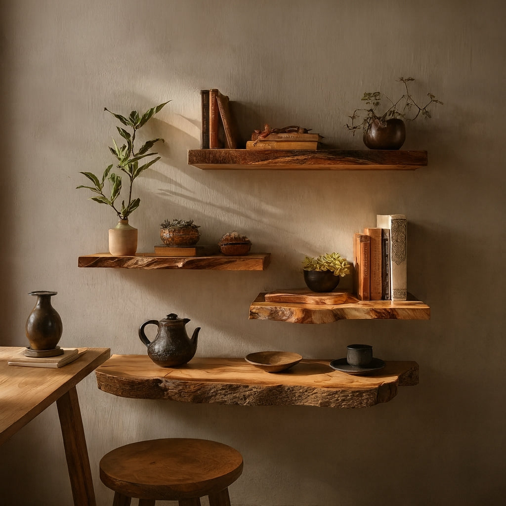 Rustikales Eck-Schweberegal aus Holz mit Baumkante – perfekt für Wohn- & Aquariendeko