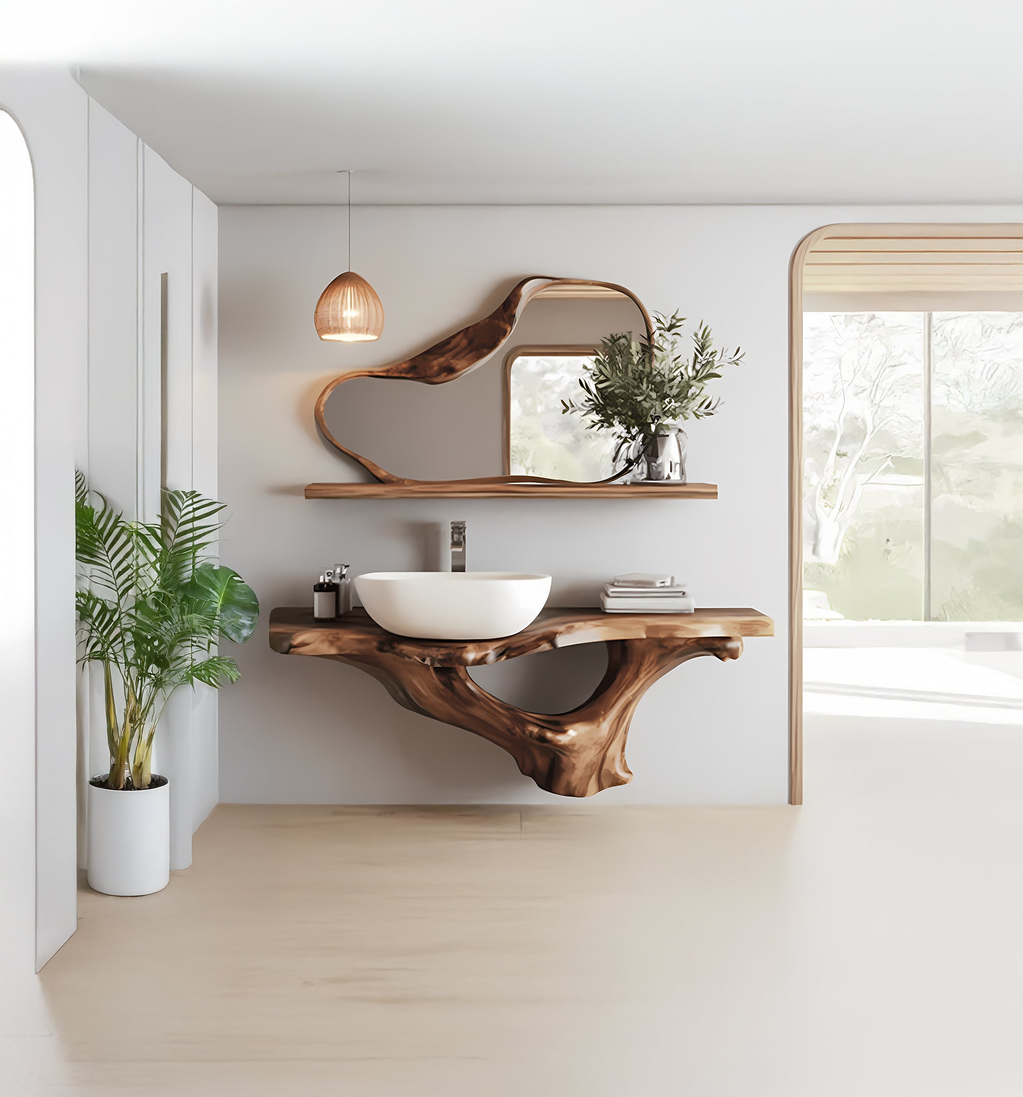 Massiver Schwebewaschtisch aus Walnussholz – Badezimmer-Konsole mit Baumkante
