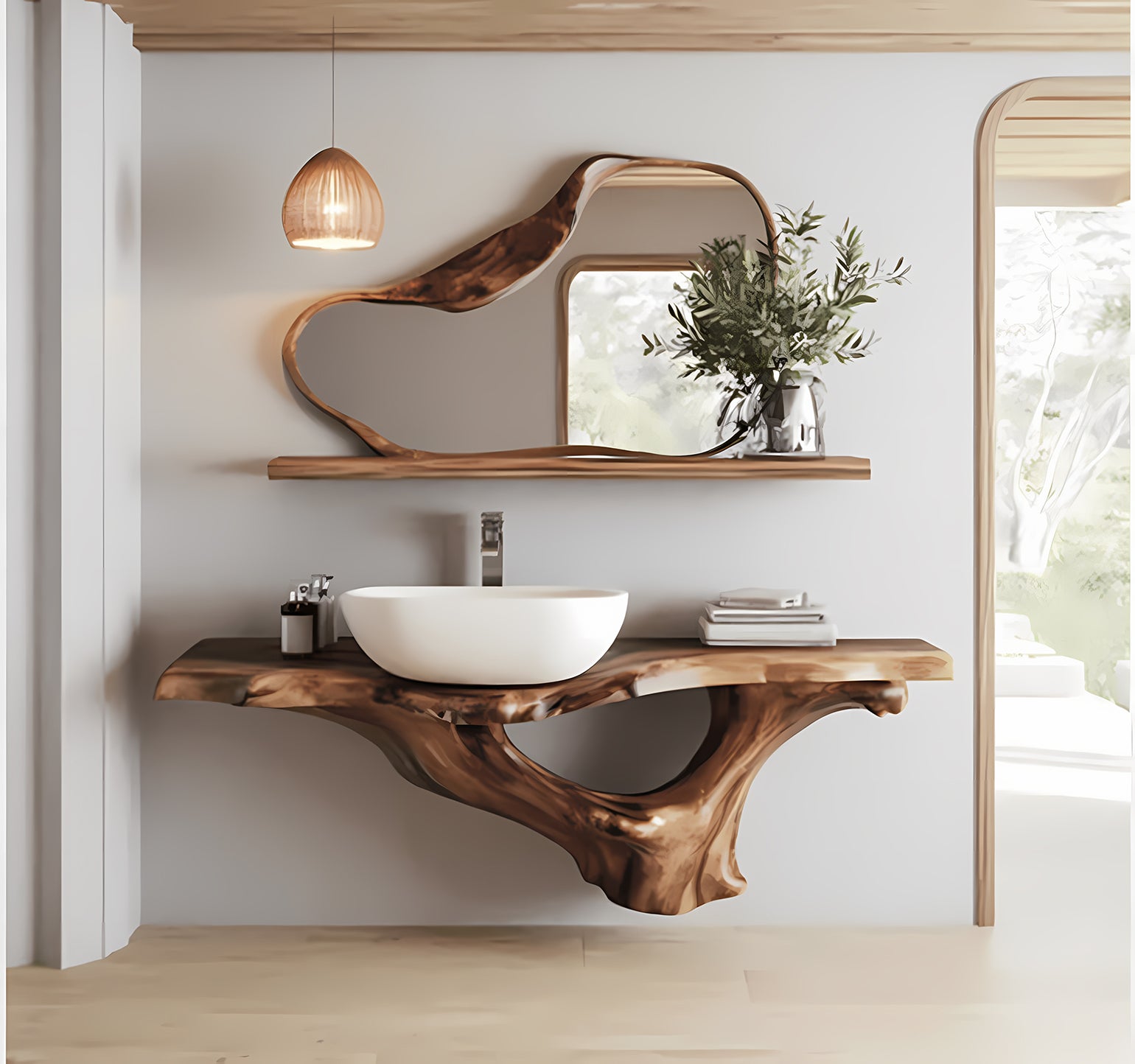 Massiver Schwebewaschtisch aus Walnussholz – Badezimmer-Konsole mit Baumkante