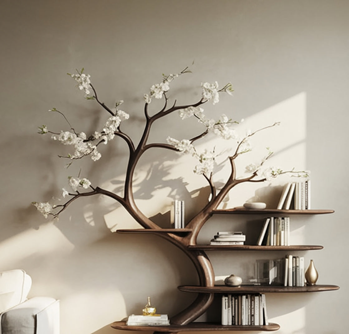 Florales Baumast-Bücherregal – Künstlerisches Massivholz-Display
