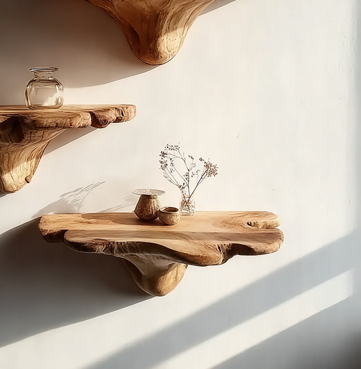 Schwebendes Wandregal aus Massivholz – organisches, skulpturales Holzdisplay