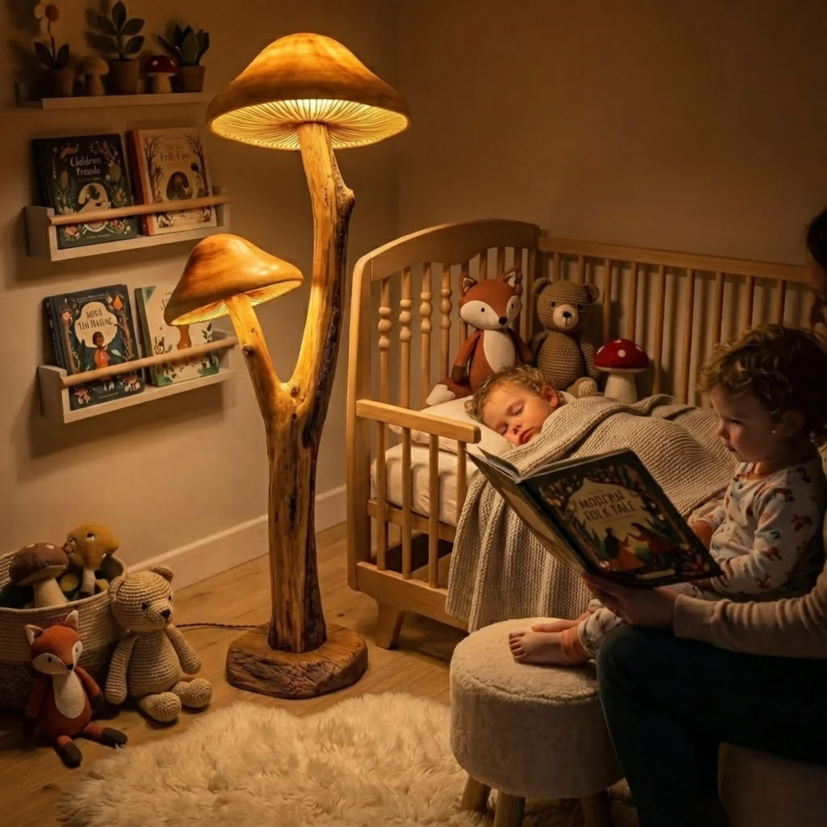 Doppelte Pilz-Stehlampe fürs Babyzimmer mit leuchtenden Lamellenhüten