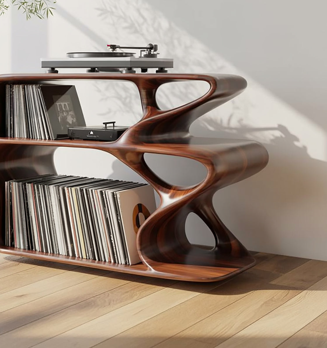 Holz-Plattenspielerständer mit Vinyl-Aufbewahrung im modernen Design