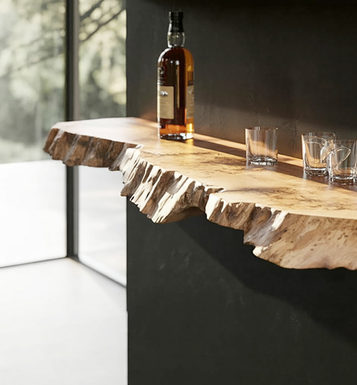 Modernes schwebendes Regal mit Naturkante – Massivholz für Gläser & Flaschen