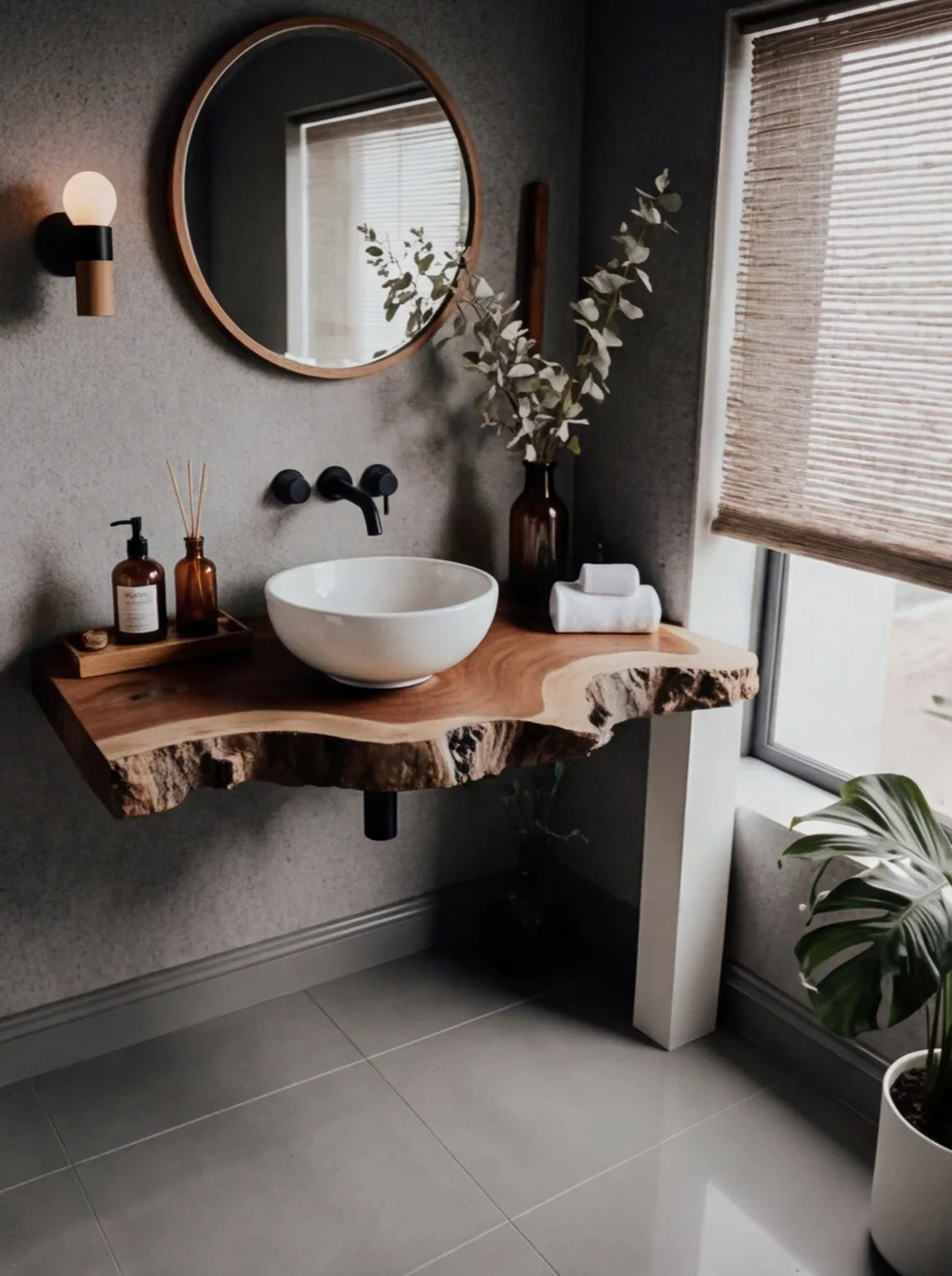 Modernes Badezimmer mit Baumkanten-Holzwaschtisch, rundem Spiegel und Aufsatzbecken