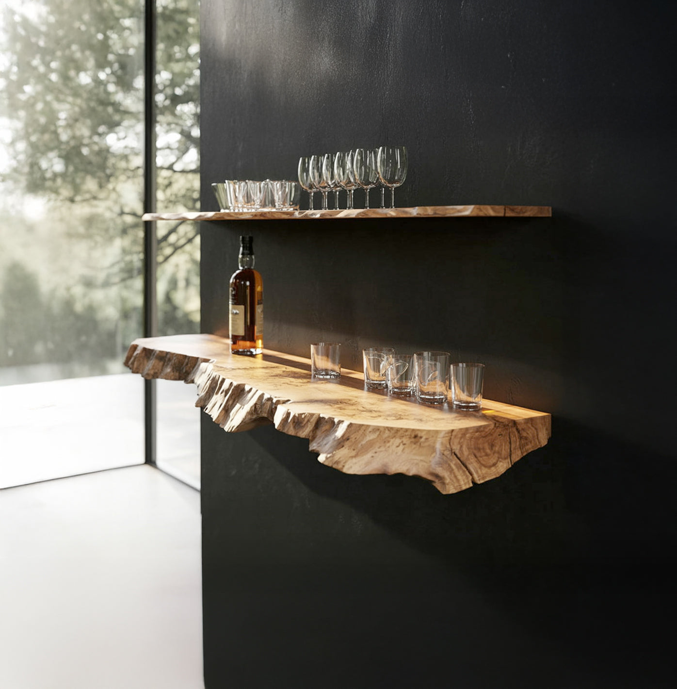 Modernes schwebendes Regal mit Naturkante – Massivholz für Gläser & Flaschen