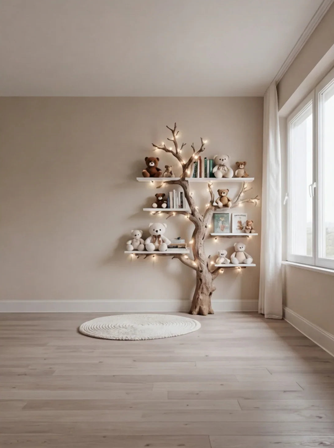 Baumförmiges Bücherregal mit Lichtern, Kuscheltieren und Büchern in einem minimalistischen Kinderzimmer