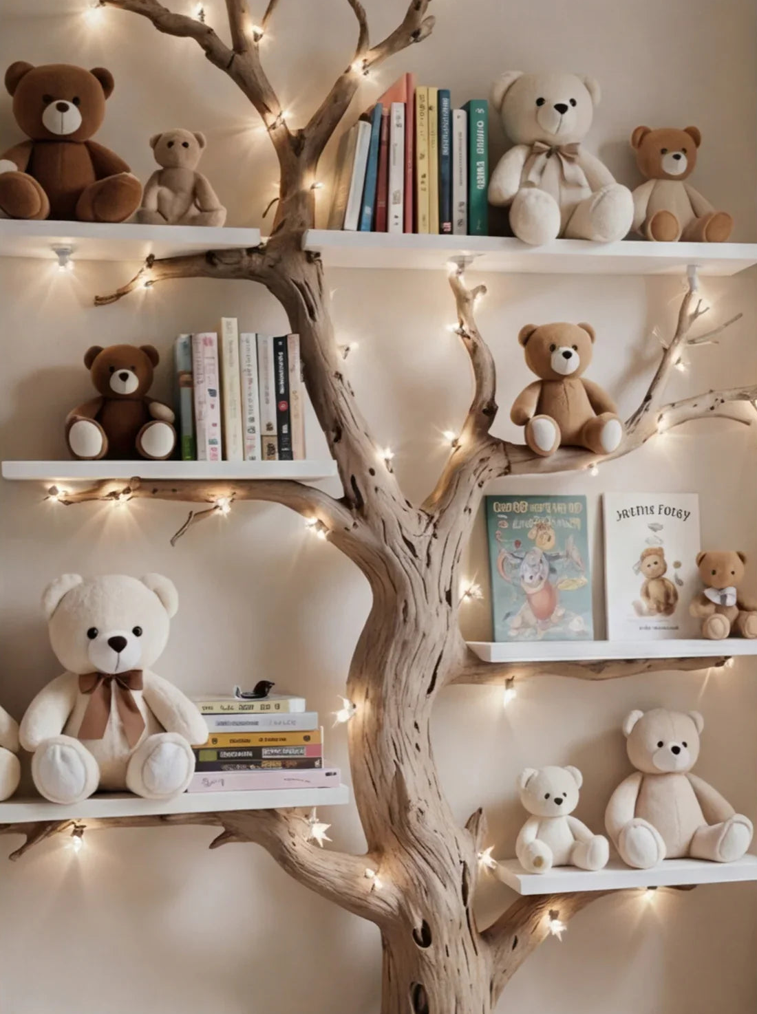 Baumförmiges Bücherregal mit Teddybären, Büchern und Lichterkette, aus Massivholz gefertigt