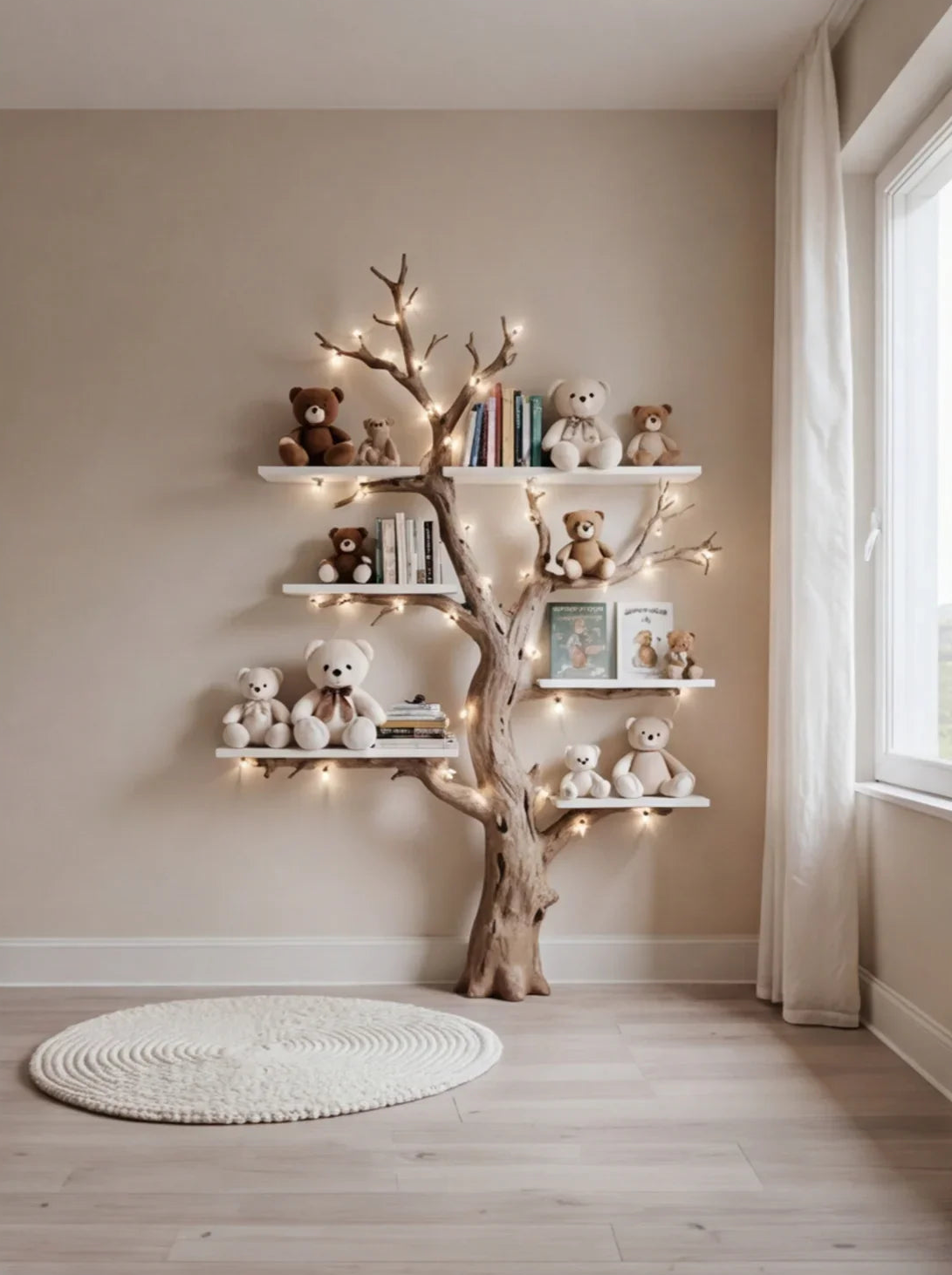 Baumförmiges Bücherregal mit Lichterkette, Teddybären und Büchern in einem gemütlichen Kinderzimmer.