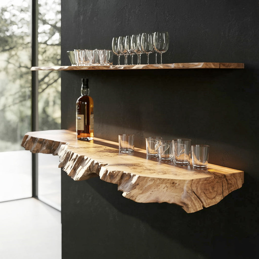 Modernes schwebendes Regal mit Naturkante – Massivholz für Gläser & Flaschen