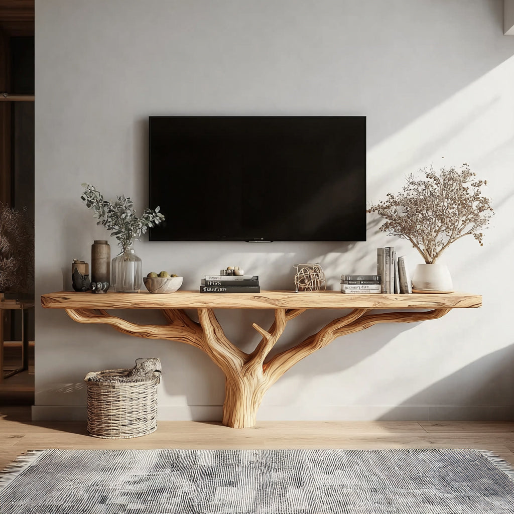 Live-Edge TV-Regal – Massivholz-Medienkonsole, rustikaler handgefertigter Schrank