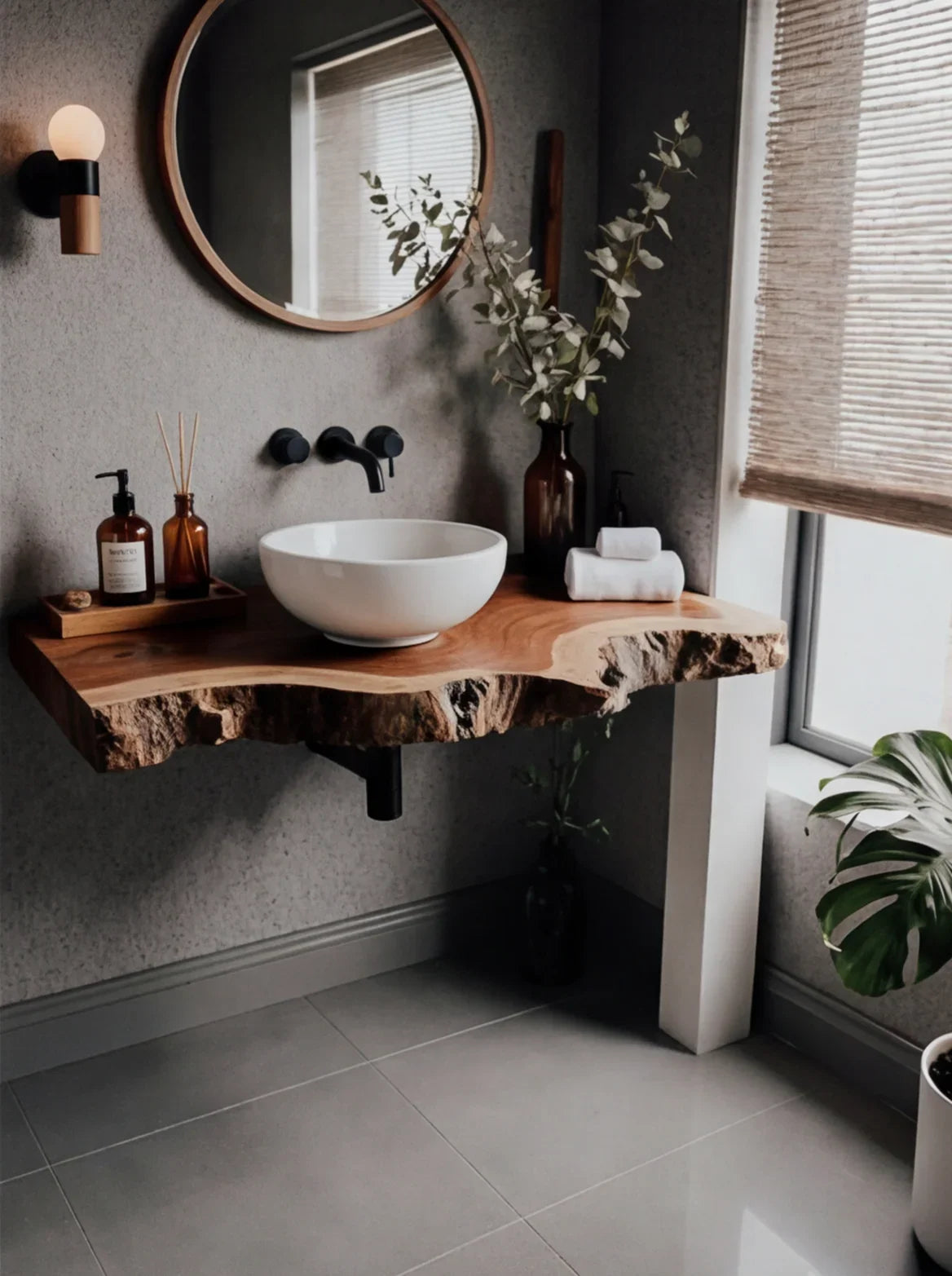 Baumkanten-Badezimmer-Waschtisch aus Holz mit Aufsatzbecken, rundem Spiegel und modernem Dekor