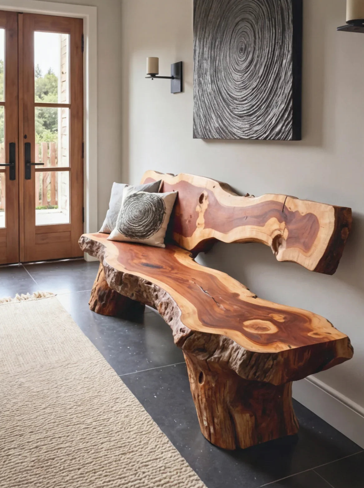 Baumkanten-Bank aus Massivholz mit natürlicher Oberfläche im modernen Eingangsbereich, Baumring-Kissen und Wandkunst