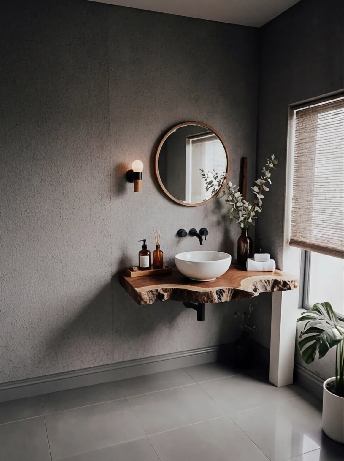 Modernes Badezimmer mit schwebendem Baumkanten-Holzwaschtisch, Aufsatzbecken, rundem Spiegel und natürlichem Dekor.