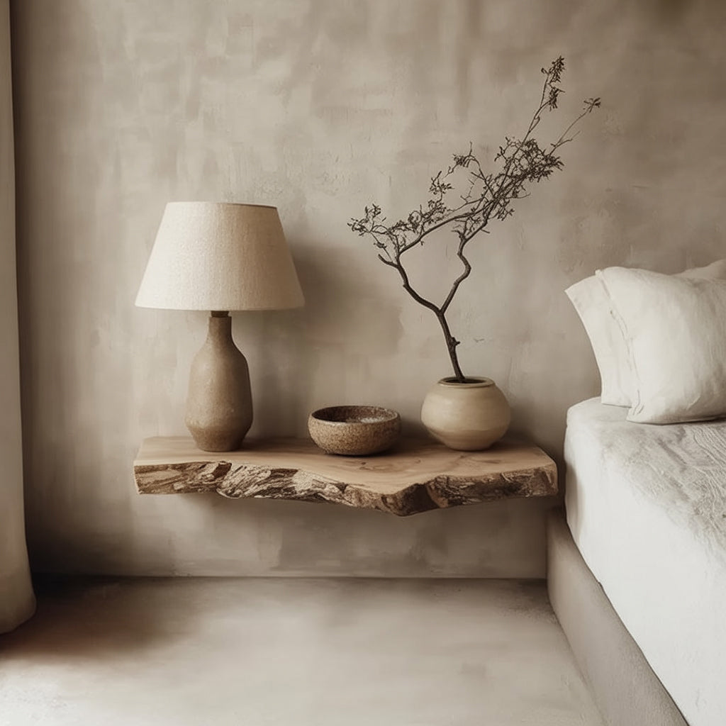 Rustikale schwebende Nachttischablage aus Massivholz – Wandregal mit Naturkante