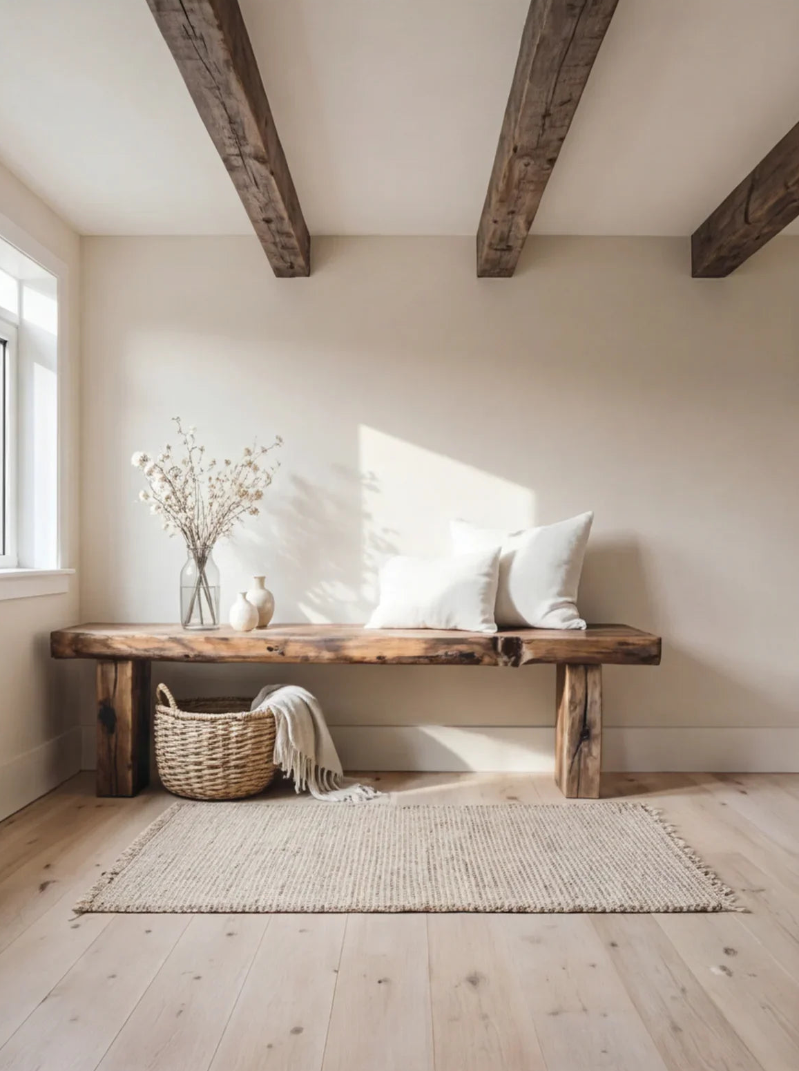 Baumkanten-Bank aus Massivholz mit weißen Kissen, Vasen und Geflechtkorb in einem hellen minimalistischen Raum