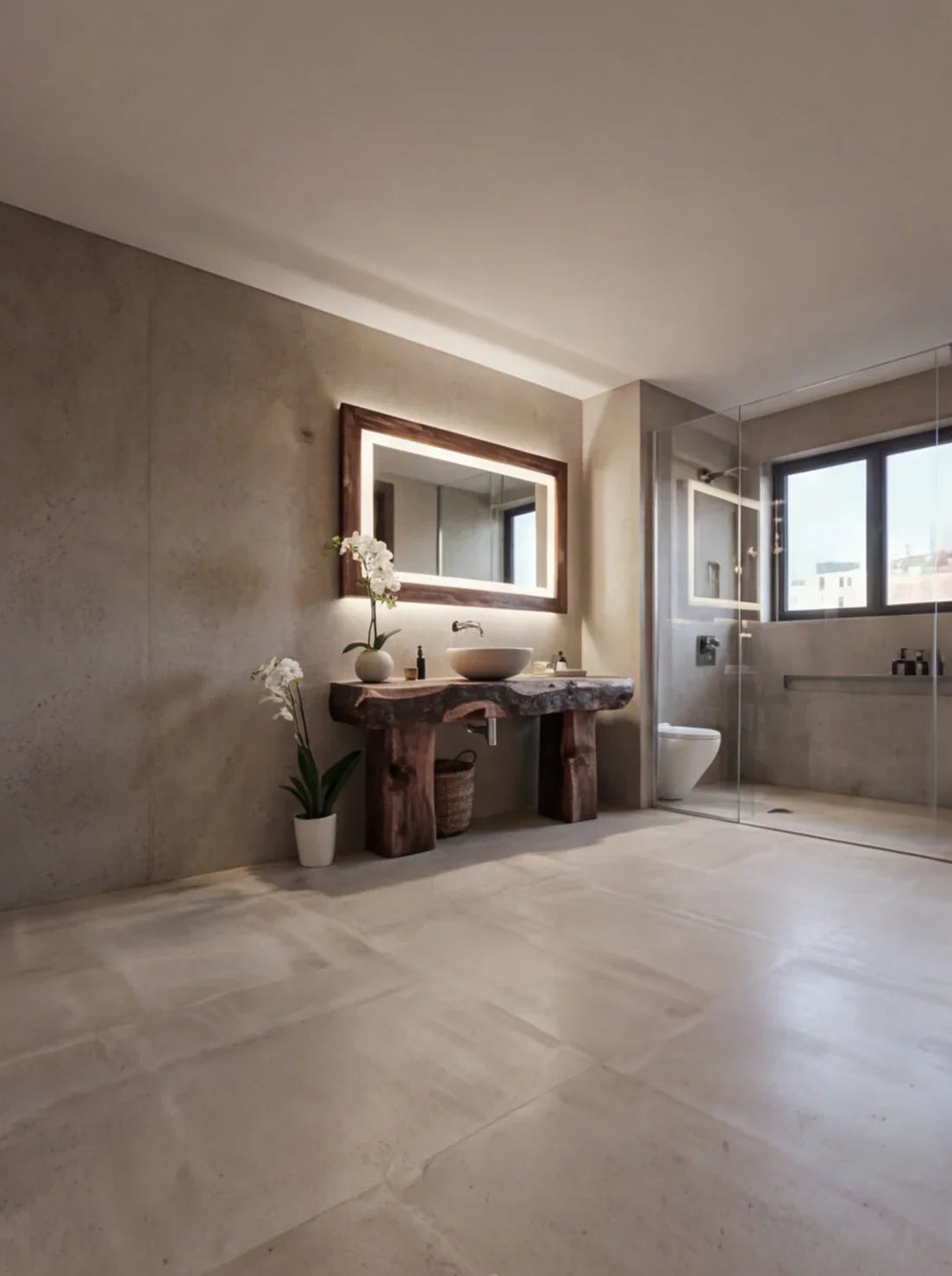 Modernes Badezimmer mit Baumkanten-Holzwaschtisch, großem Spiegel und minimalistischem Dekor