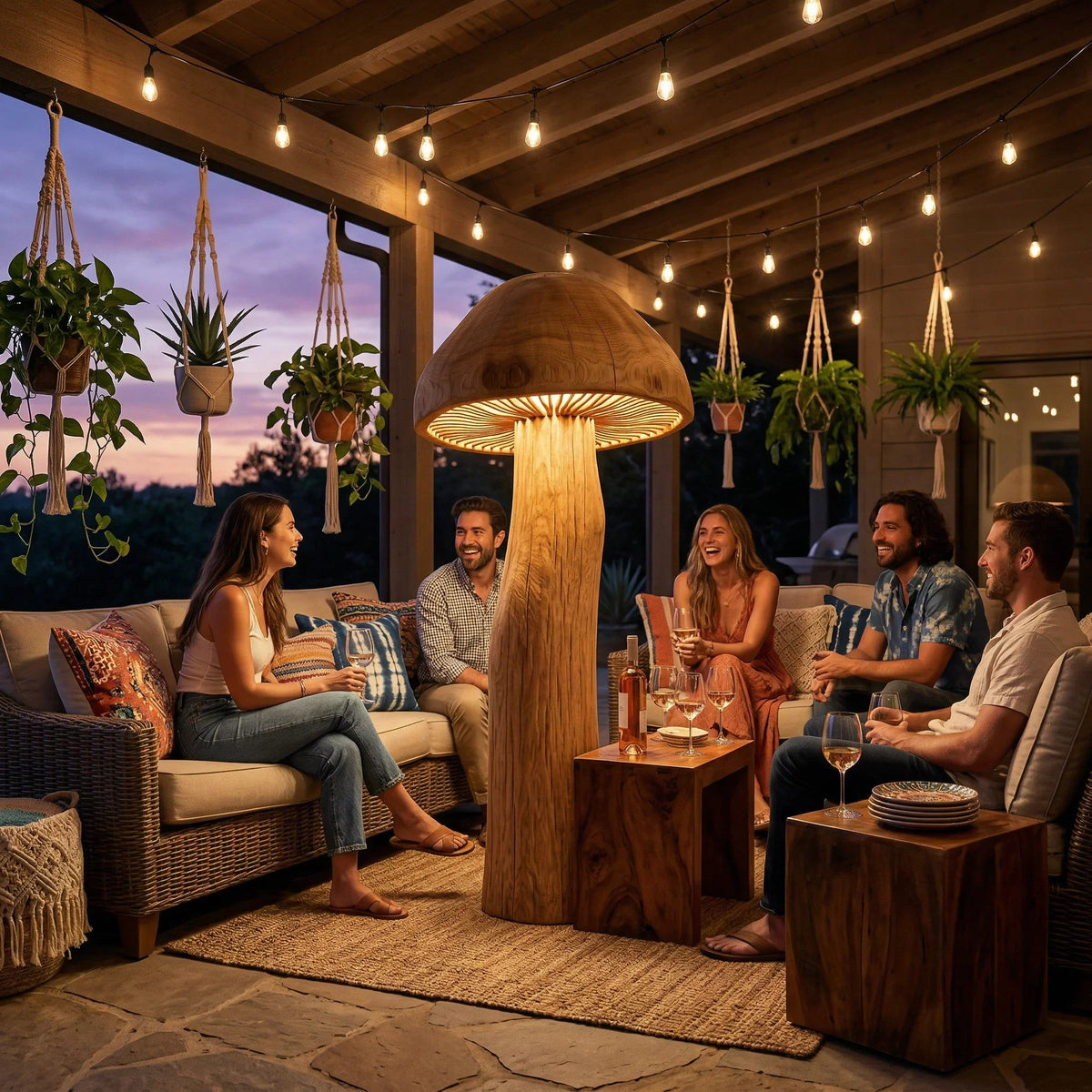Überdachte Boho-Terrasse mit Rattanmöbeln, Holztischen, Hängepflanzen, versammelten Freunden und Lichterketten bei Sonnenuntergang.