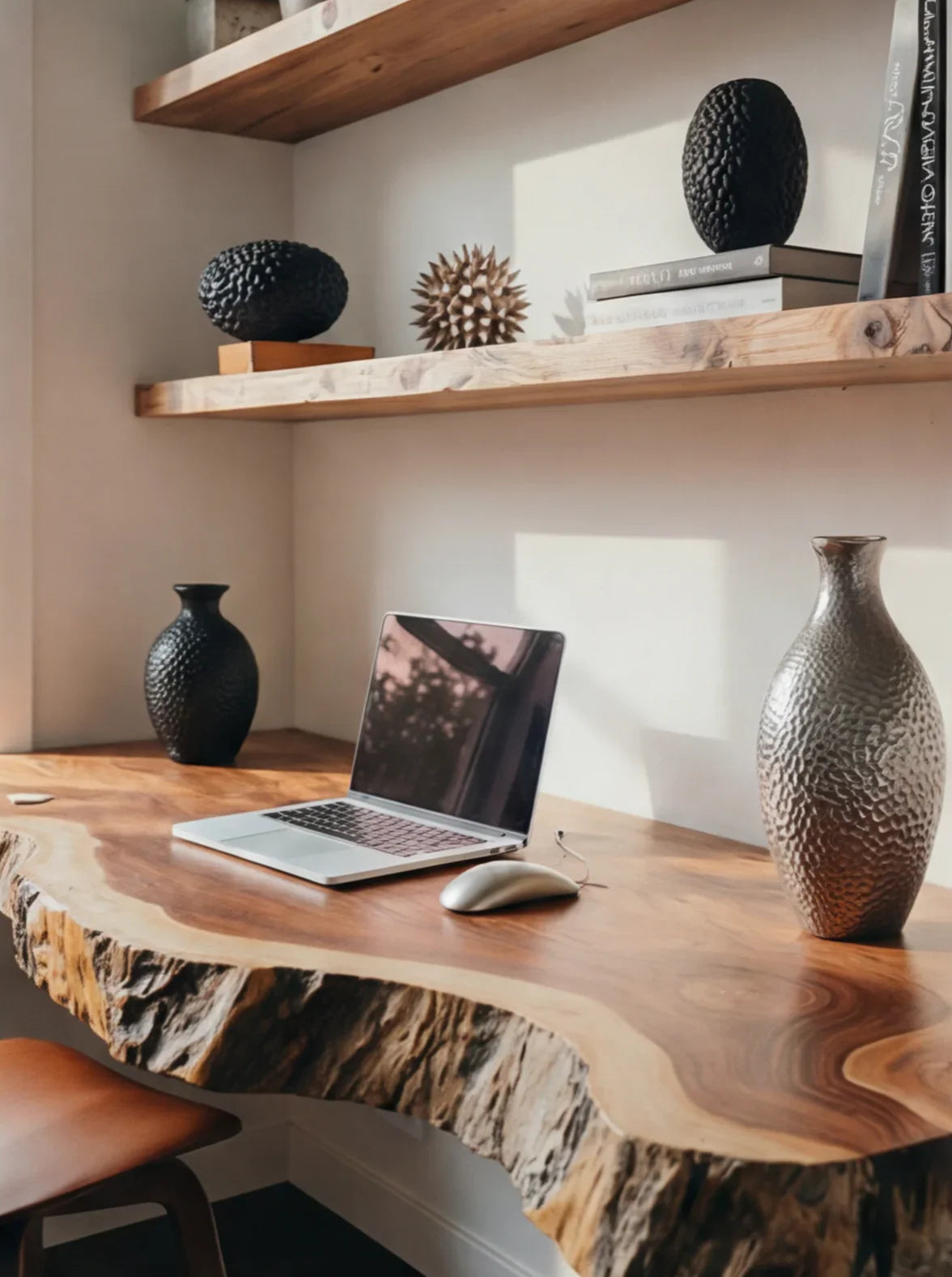 Baumkanten-Schreibtisch aus Massivholz mit Laptop, modernen Dekovasen und schwebenden Holzregalen.