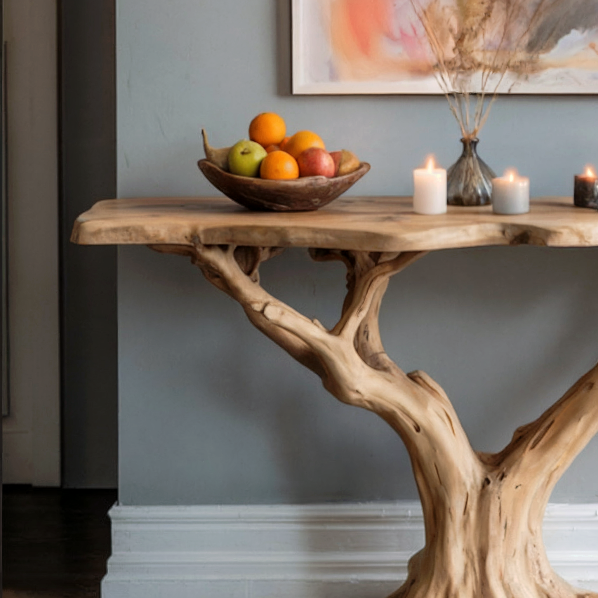 Schmaler Konsolentisch mit Baumkante – Handgefertigter rustikaler Landhaus-Holztisch