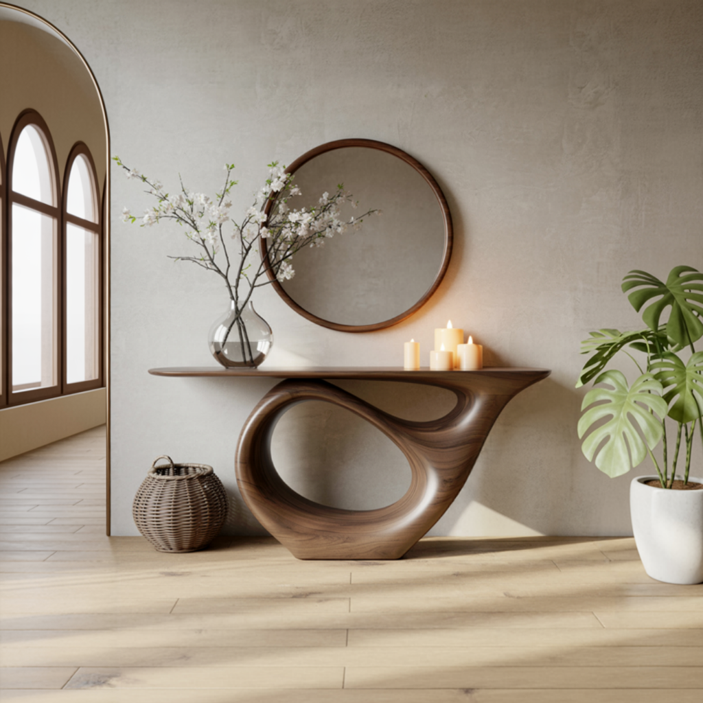 Handgefertigter Konsolentisch – Massivholz mit natürlicher Baumkante