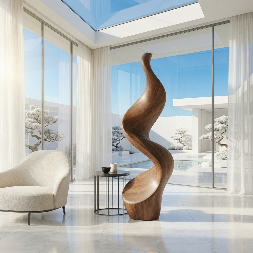 Abstrakte gedrehte Bodenskulptur aus Massivholz in einem modernen Wohnzimmer