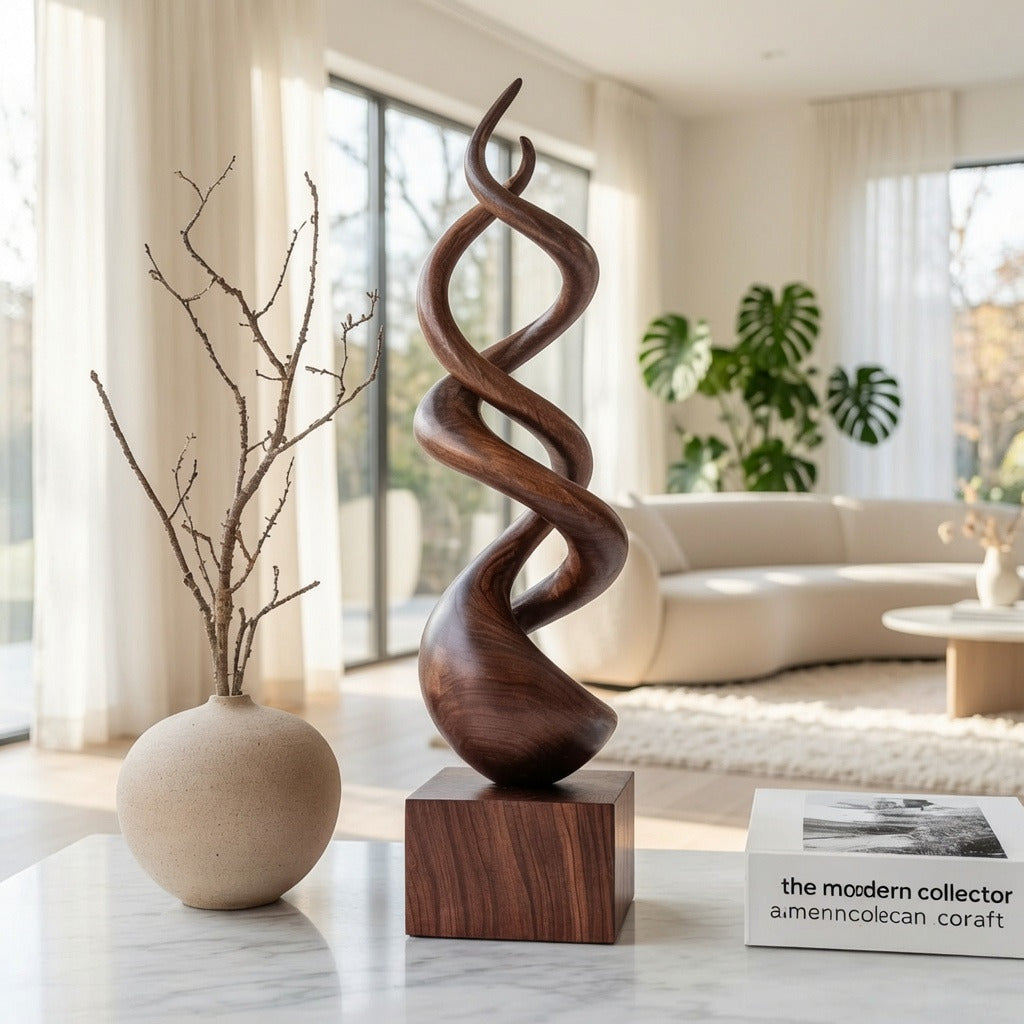 Moderne gedrehte Holzskulptur, die einen minimalistischen Wohnbereich aufwertet