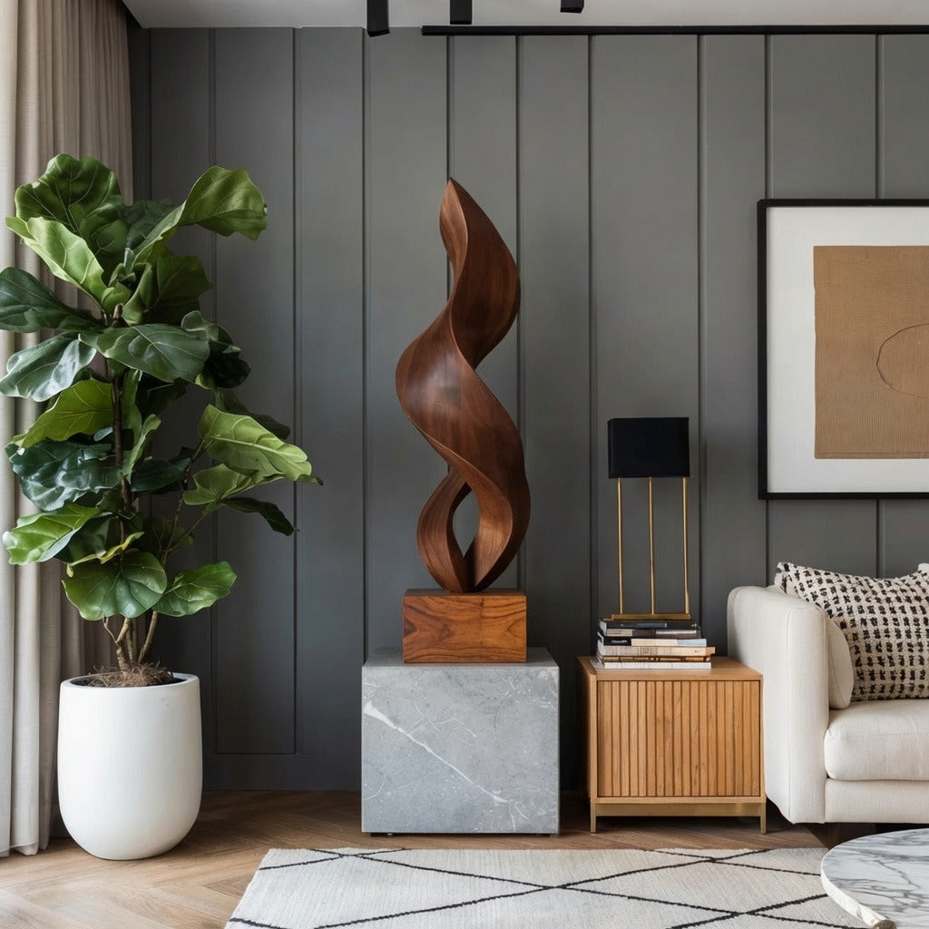 Abstrakte gedrehte Skulptur aus Massivholz auf Marmorsockel in einem modernen Wohnzimmer
