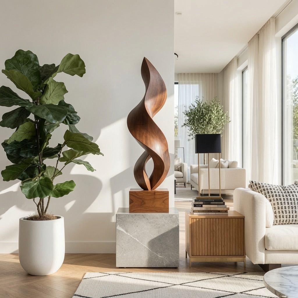 Handgefertigte Holz-Bodenskulptur, präsentiert in einem zeitgenössischen Luxusinterieur