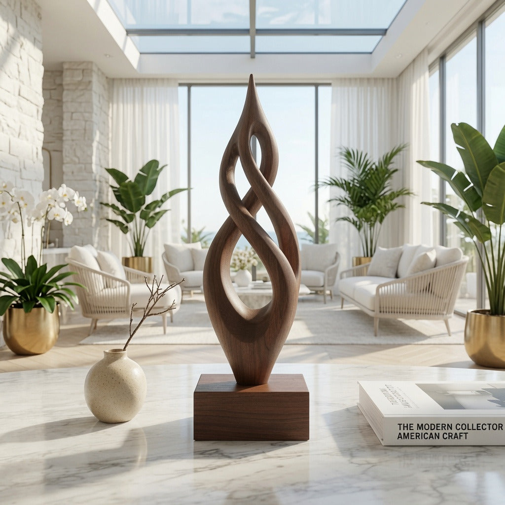 Abstrakte handgefertigte Skulptur aus Massivholz in einem modernen Wohnzimmer
