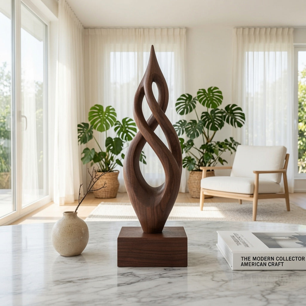 Abstrakte Holzskulptur, handgefertigt aus Massivholz