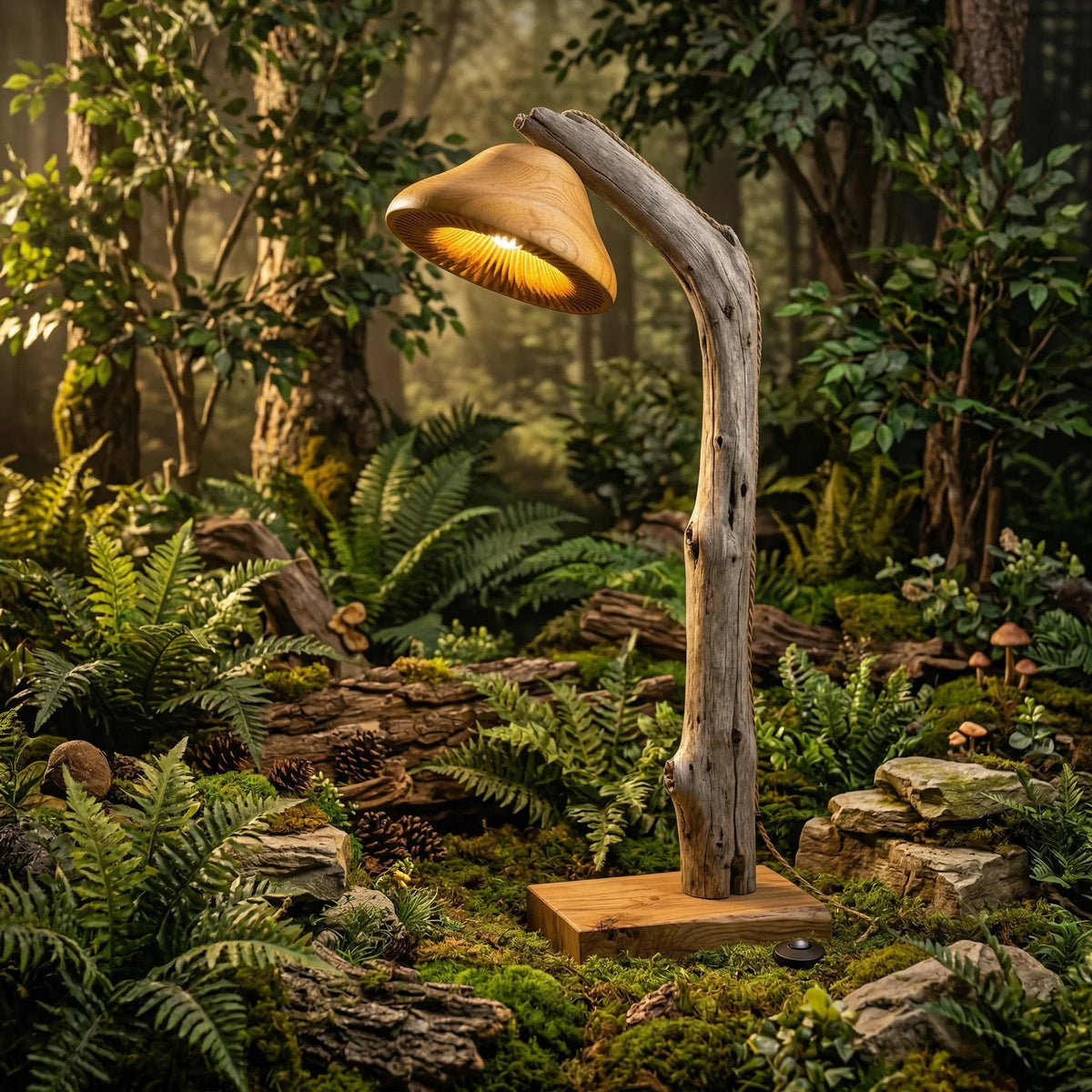 Nachhaltig gefertigte Treibholz-Stehlampe mit Massivholzfuß und pilzförmigem Schirm in einer Waldumgebung