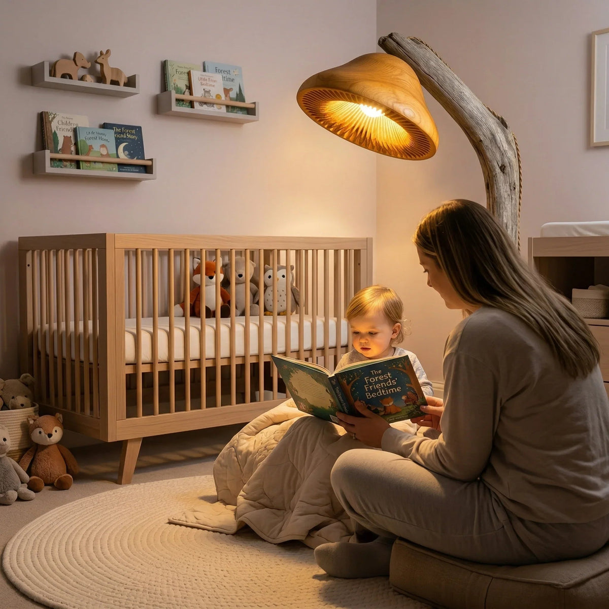 Treibholz-Pilz-Stehlampe mit geneigtem Holzhut und geflochtenem Kabel in einem gemütlichen Babyzimmer