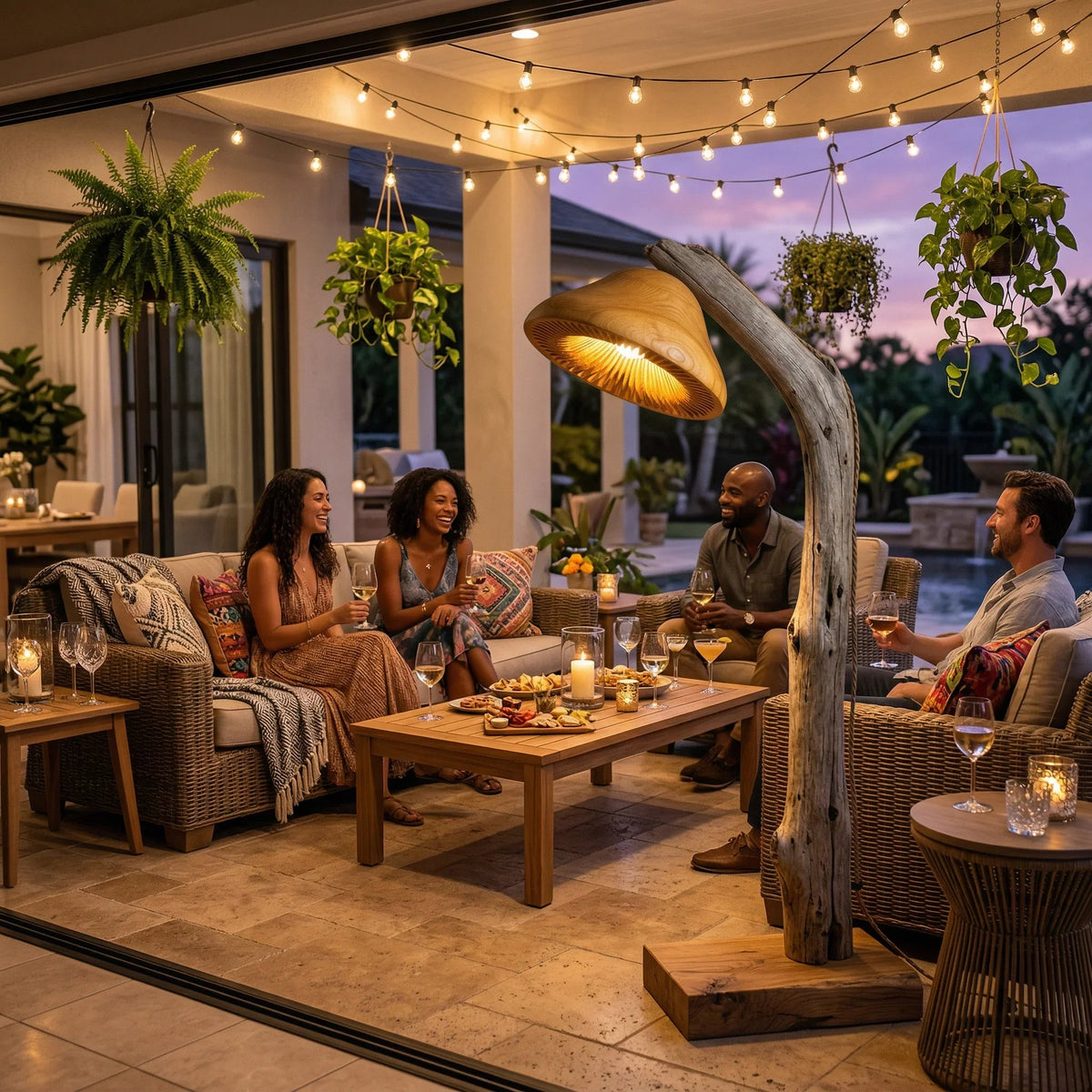 Bogen-Treibholz-Pilz-Leseleuchte als Stehlampe mit leuchtendem Hut und massivem Eichenblock-Fuß auf einer Terrasse bei Sonnenuntergang mit versammelten Freunden.