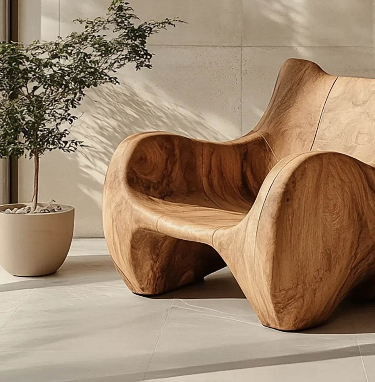 Handgefertigter Loungesessel aus Holz in künstlerischer skulpturaler Form