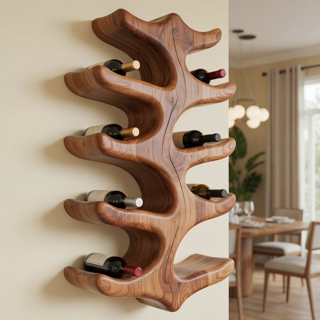 Handwerkliches Astholz-Wandweinregal aus Massivholz