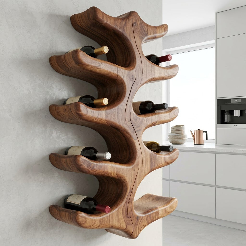 Organisches Astholz-Weinregal aus Massivholz, präsentiert in einer minimalistischen Küche