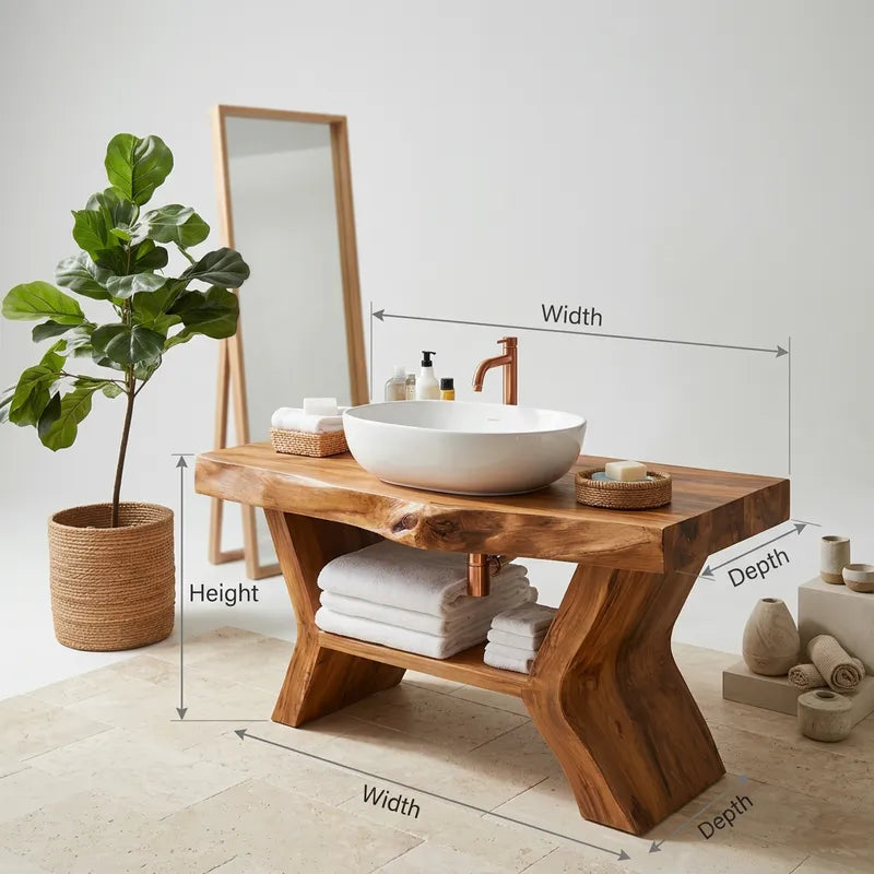 Handwerklicher Baumkanten-Waschtisch aus Holz mit skulpturalen Wellenbeinen